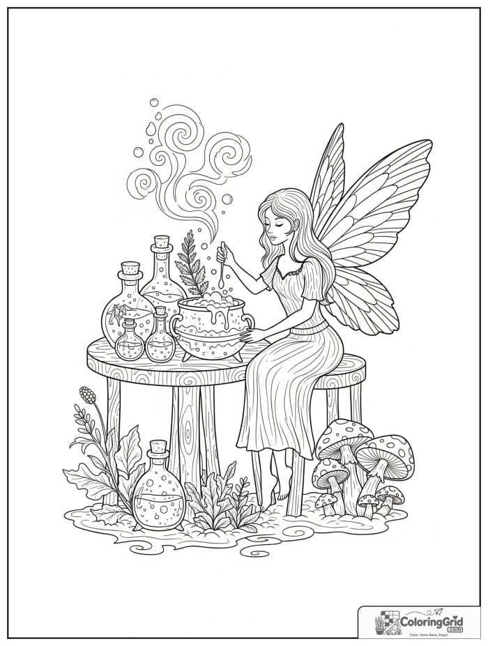 Fairy coloring page featuring a fairy making potions.