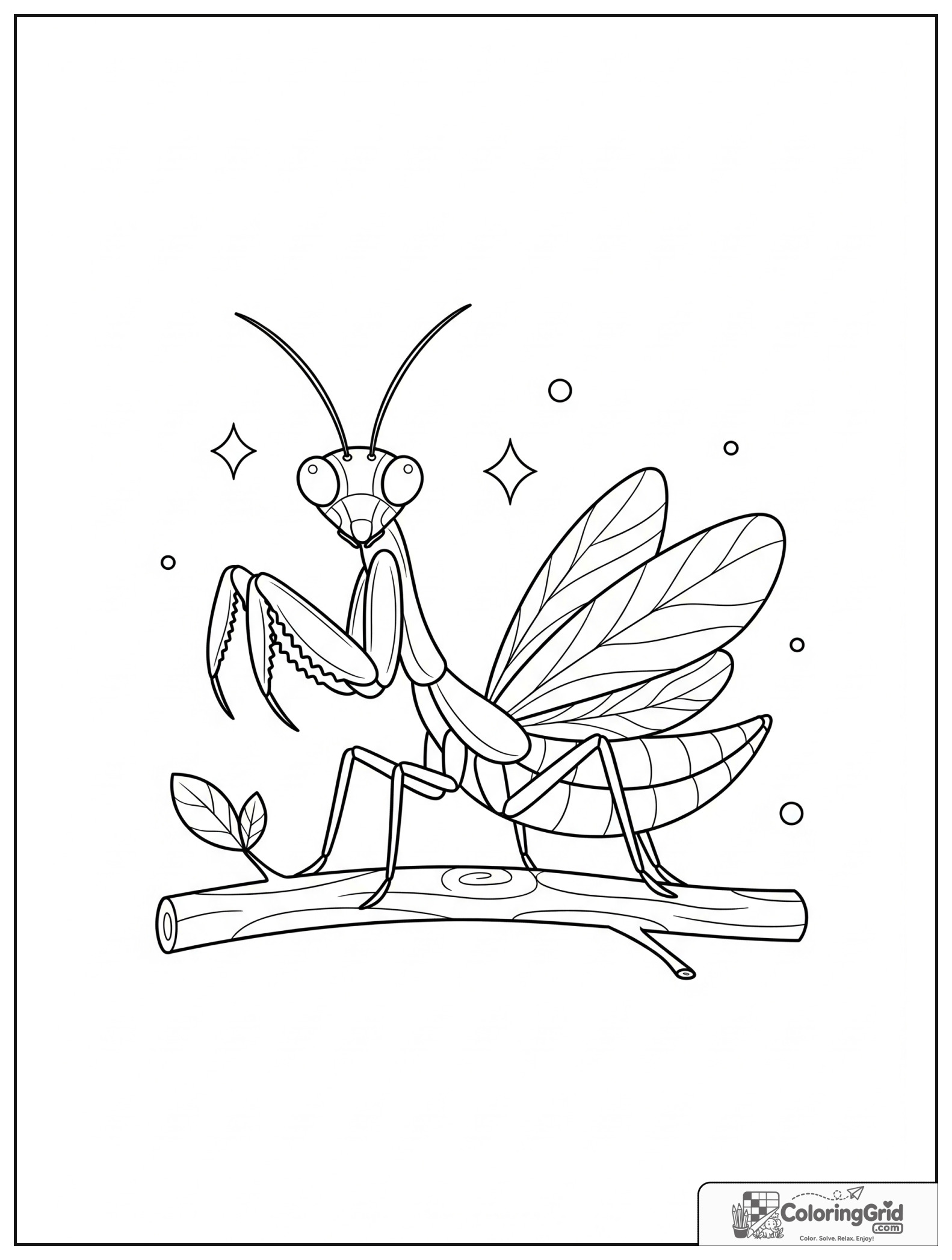 Cute praying mantis on a branch with small leaf decorations.