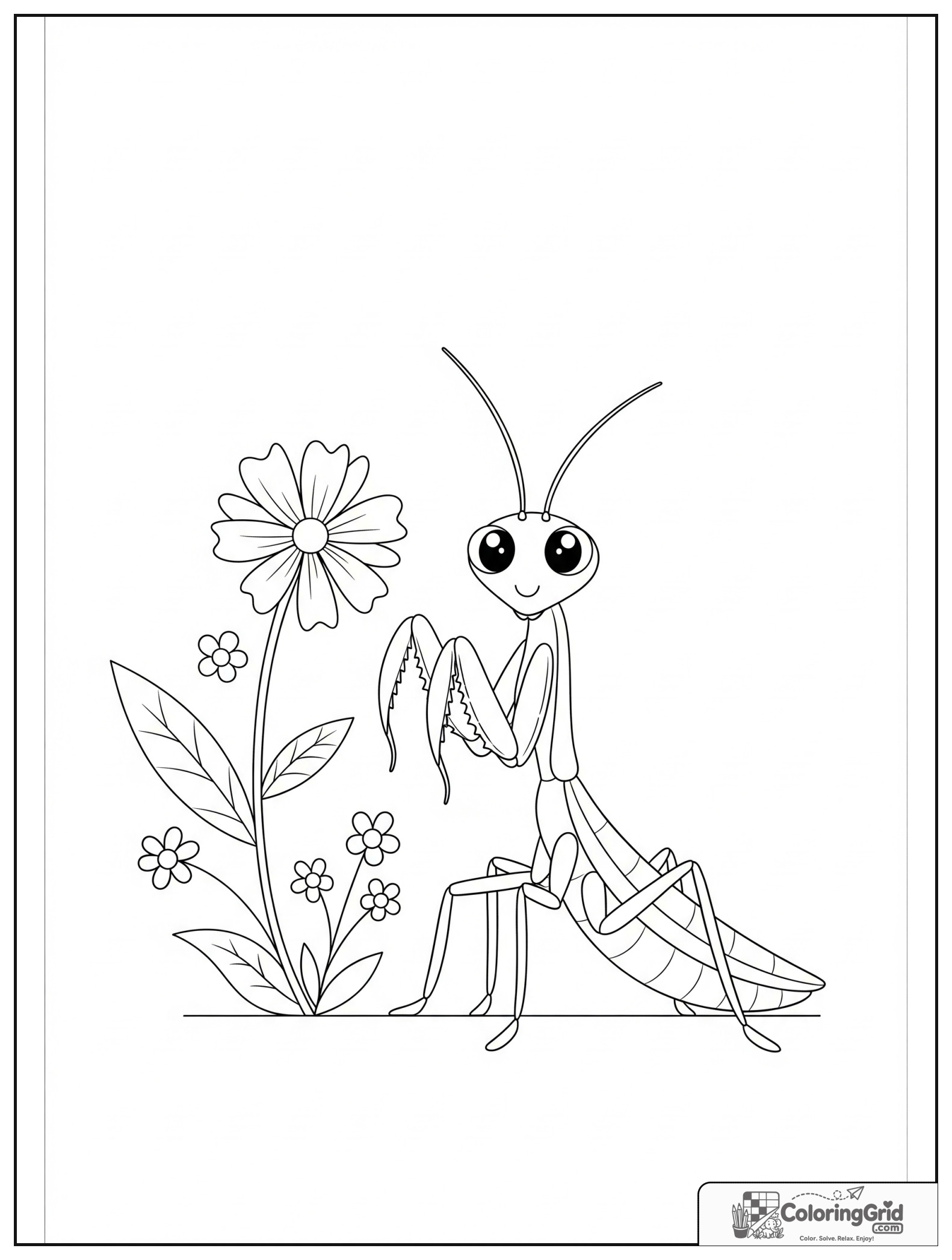 Cute praying mantis with a flower and small leaf decorations.