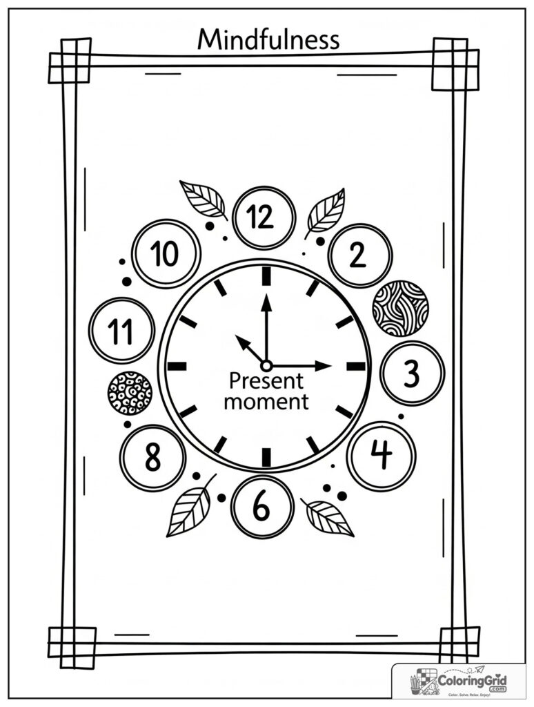 Present moment clock mindfulness mandala with zentangle number marks