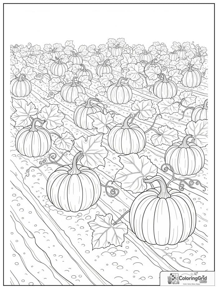 Vegetable coloring page featuring pumpkins growing in a patch.