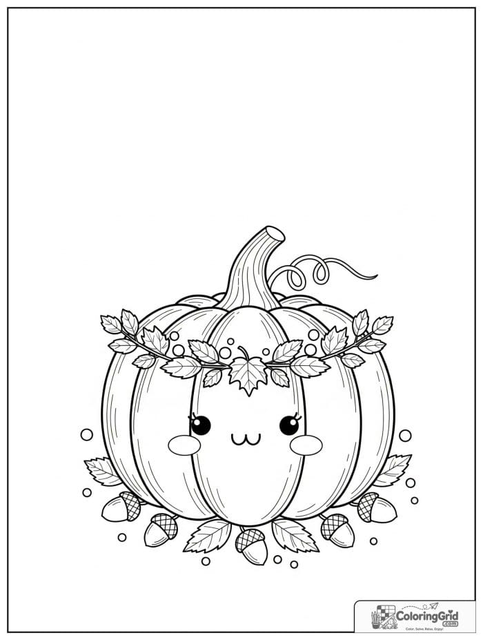 Autumn Leaves Coloring Pages showing a pumpkin with a leaf garland.
