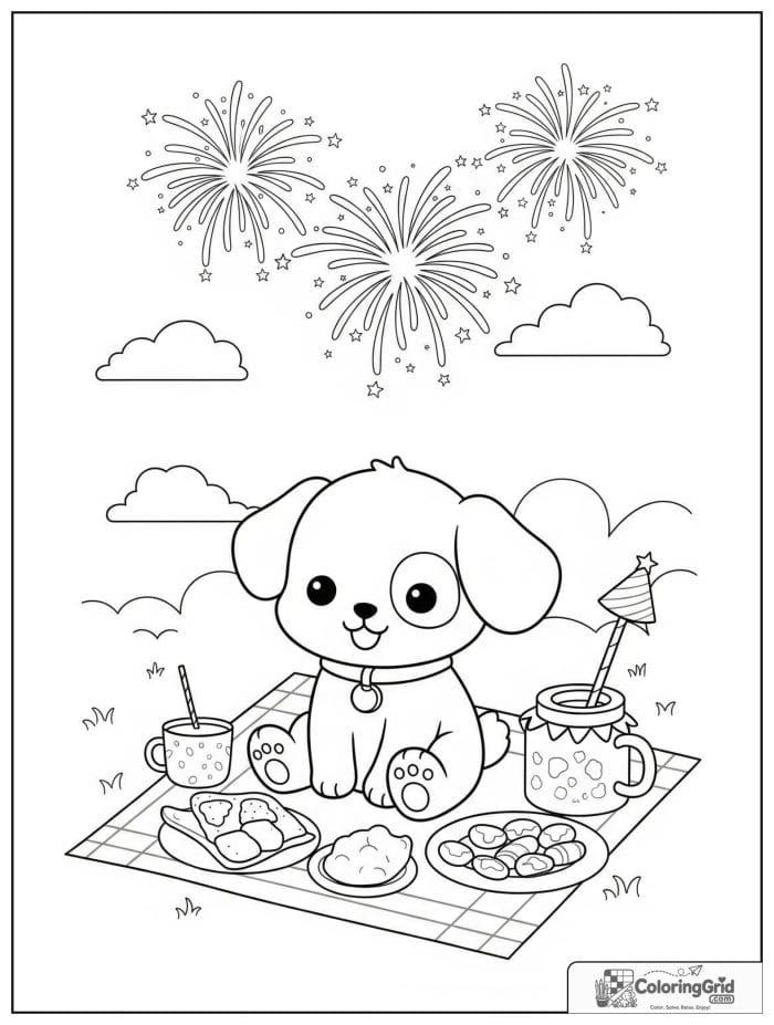 Happy puppy at a picnic watching fireworks.
