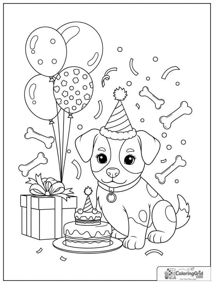 Birthday coloring page featuring a puppy at a birthday party.