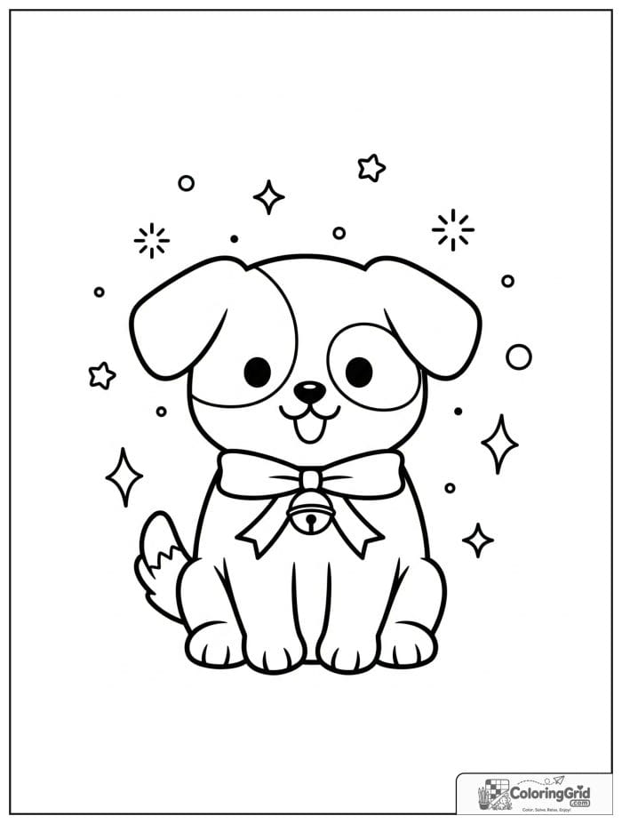 Happy puppy wearing a ribbon bell.
