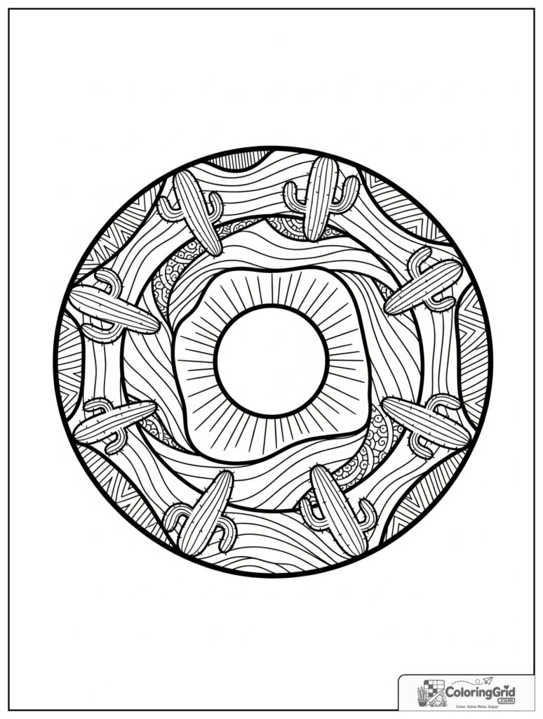 Quiet desert mindfulness mandala with dune arcs and cactus flower doodles