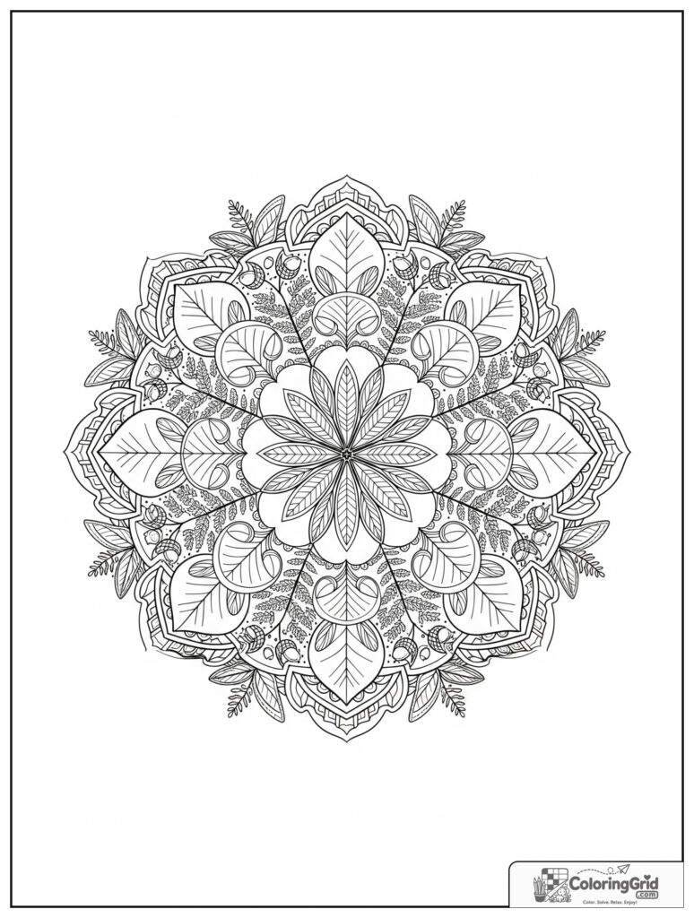 Quiet forest leaf mindfulness mandala with fern zentangle details