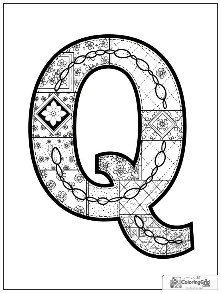 Quilted letter Q adult alphabet coloring design with patchwork pattern