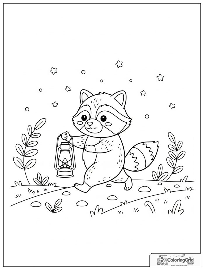 Summer Camp Coloring Pages featuring a raccoon carrying a camp lantern.
