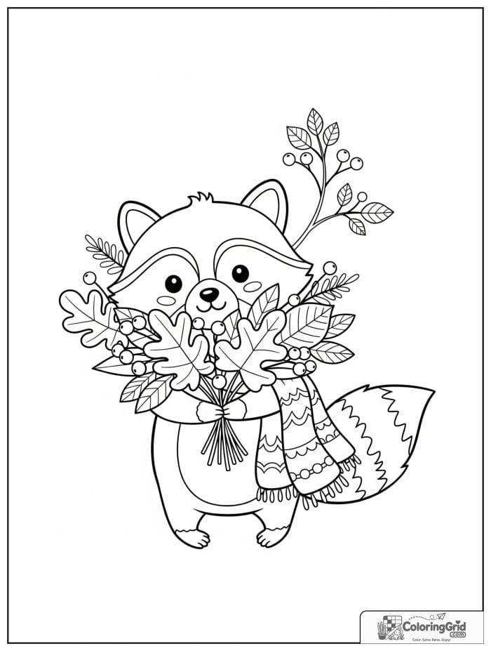 Autumn Leaves Coloring Pages showing a raccoon holding a leaf bouquet.