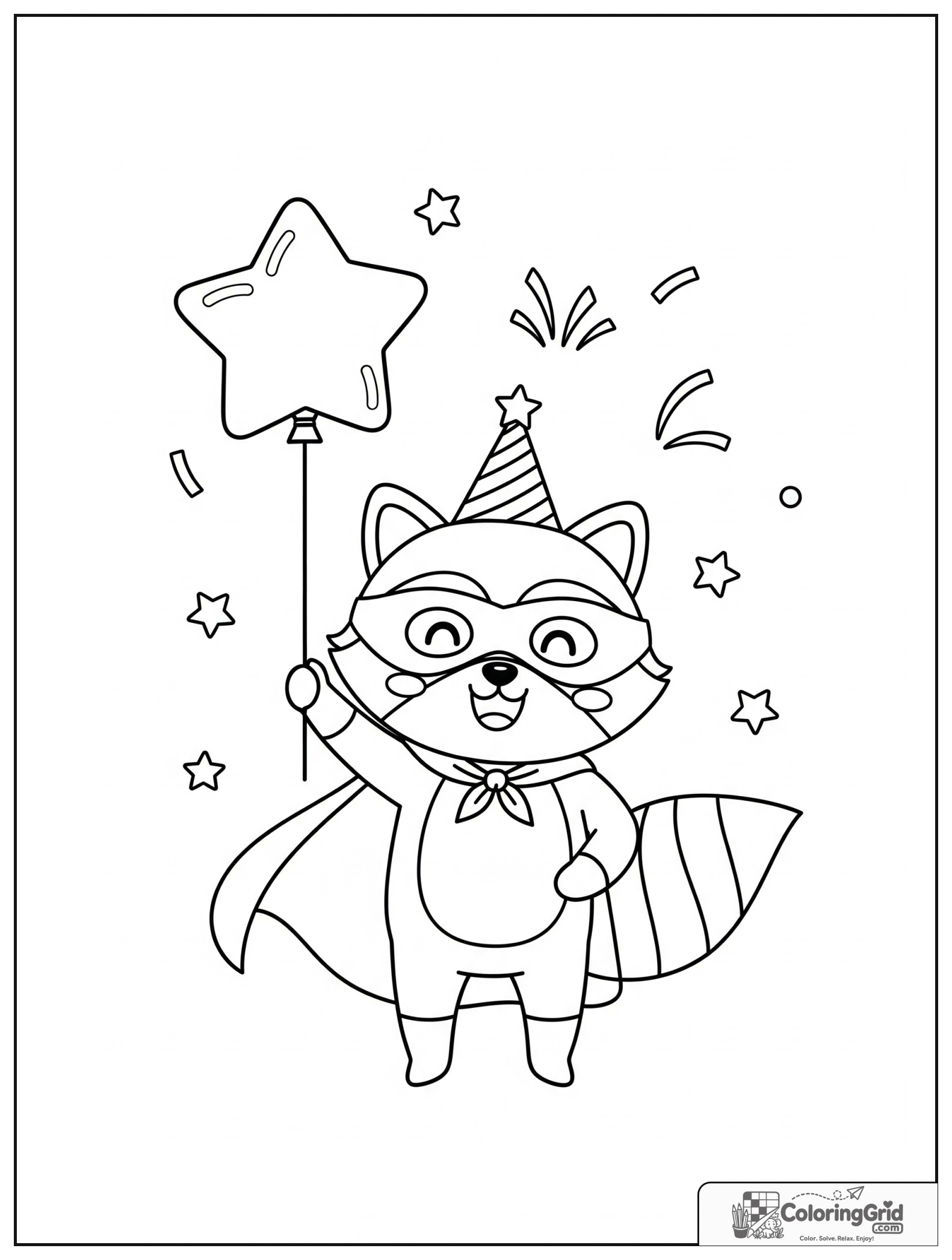 Cute raccoon superhero holding a star balloon with small confetti details.