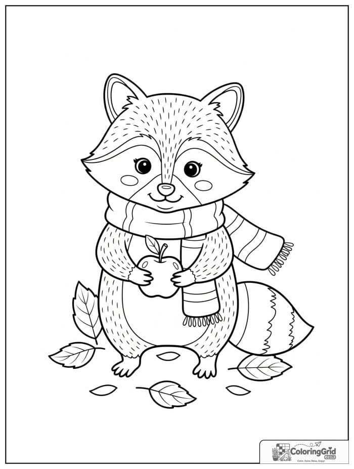 Fall Coloring Pages showing a raccoon with an apple and scarf.