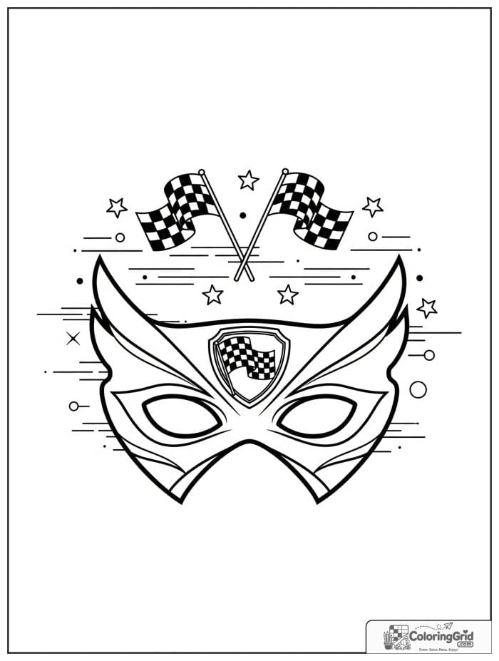 Cute speed-themed superhero mask with race flag details.