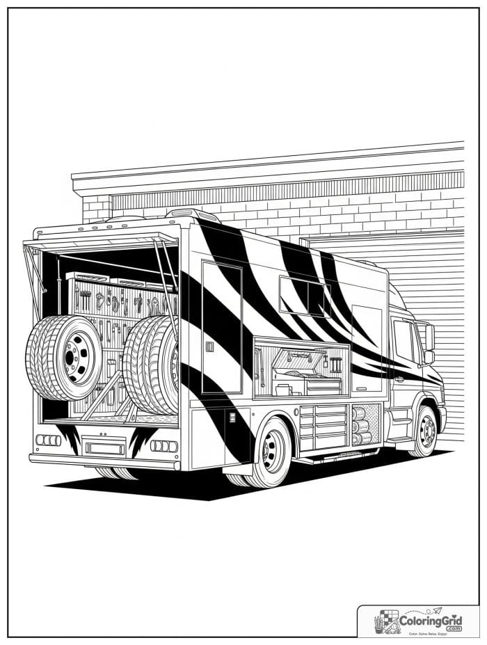 Truck coloring page featuring a race support truck by a garage.