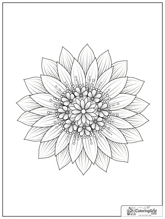 Flower mandala with long radial petals and dot rings.