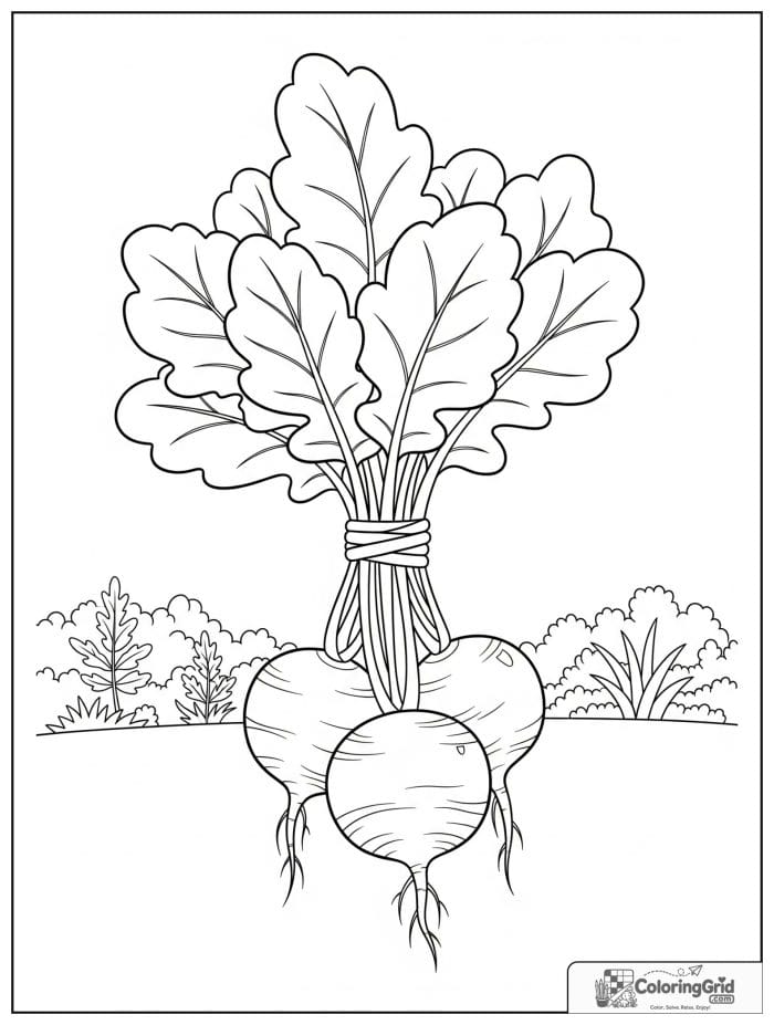 Vegetable coloring page featuring a bunch of radishes with leafy tops.
