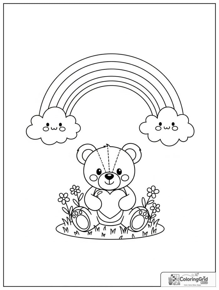 Bold and easy kawaii rainbow with a teddy bear holding a heart.