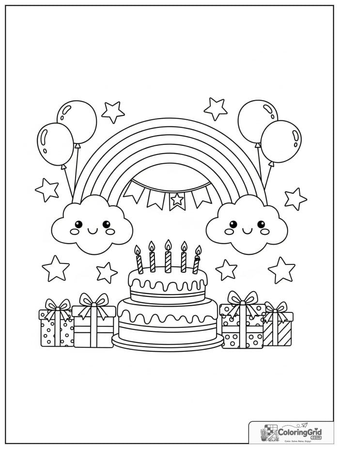 Bold and easy kawaii rainbow with birthday cake and balloons.