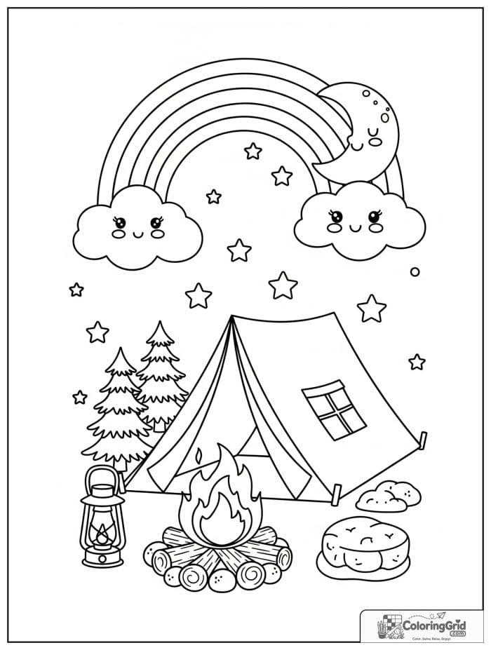 Bold and easy cozy rainbow above a camping tent scene.