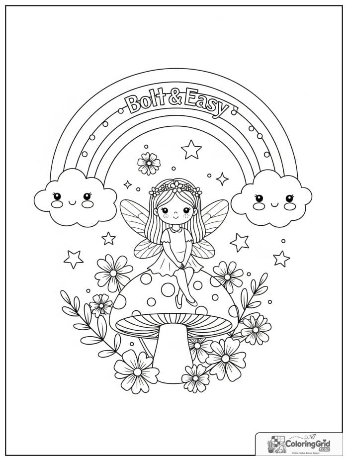 Bold and easy cozy rainbow with a fairy on a mushroom.