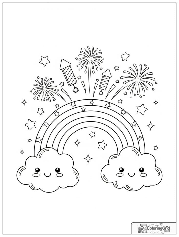 Rainbow with smiling clouds and fireworks.