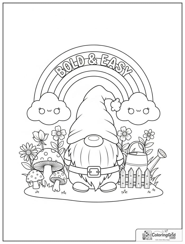 Bold and easy kawaii rainbow with a garden gnome and flowers.