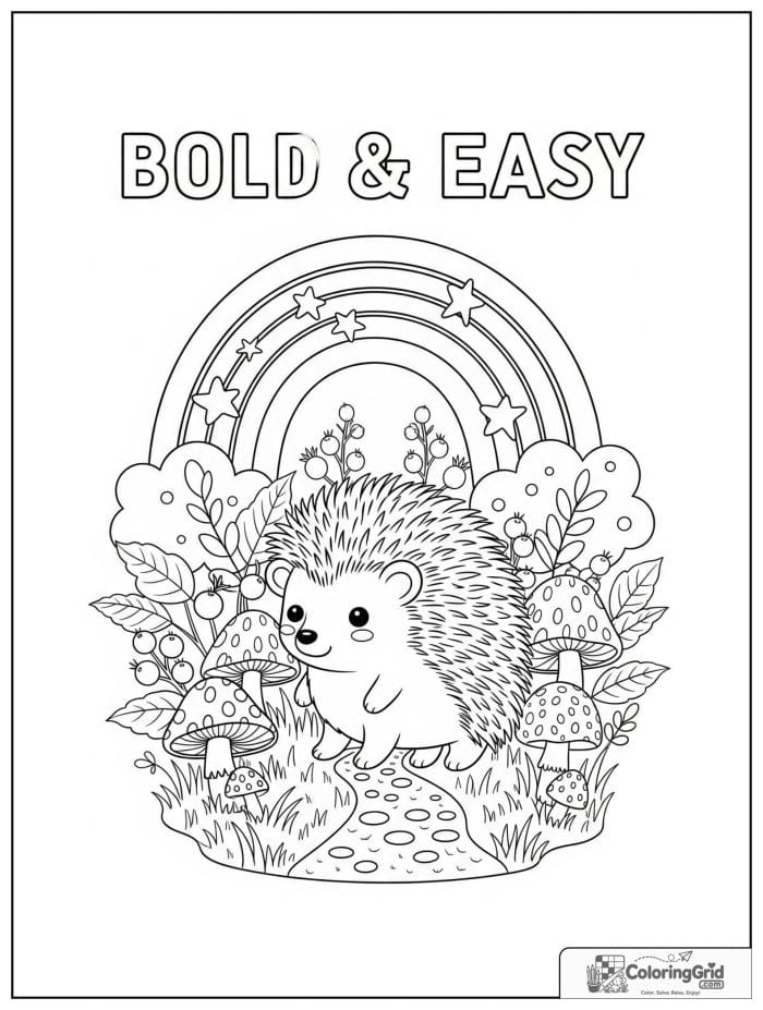 Bold and easy cozy rainbow with a hedgehog and mushrooms.