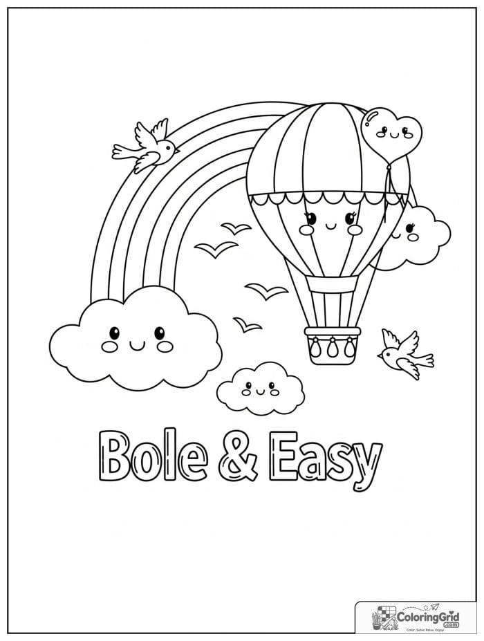 Bold and easy kawaii rainbow with a hot air balloon in the sky.