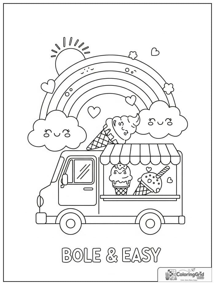 Bold and easy kawaii rainbow with a cute ice cream truck.