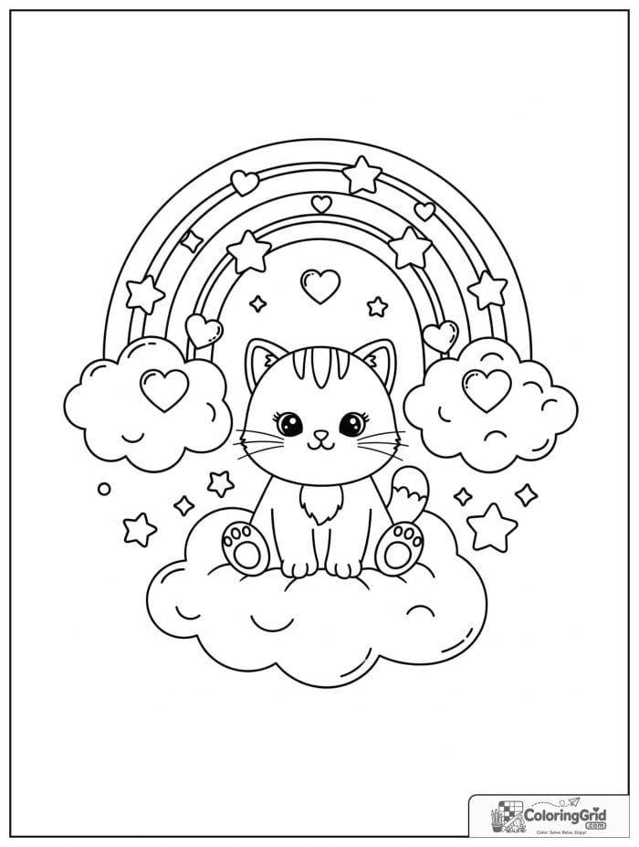 Bold and easy kawaii rainbow with a kitten on a cloud.