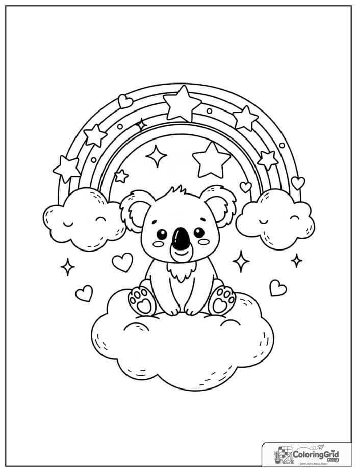 Bold and easy cozy rainbow with a koala on a cloud.