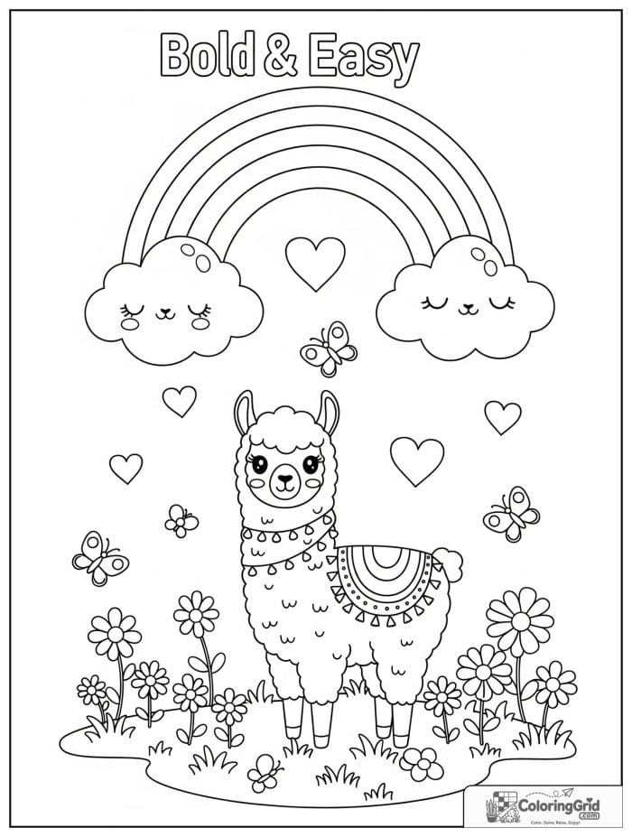 Bold and easy kawaii rainbow with a llama in a flower field.