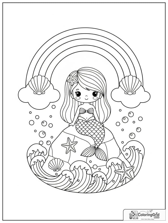 Bold and easy kawaii rainbow with a mermaid by the sea.