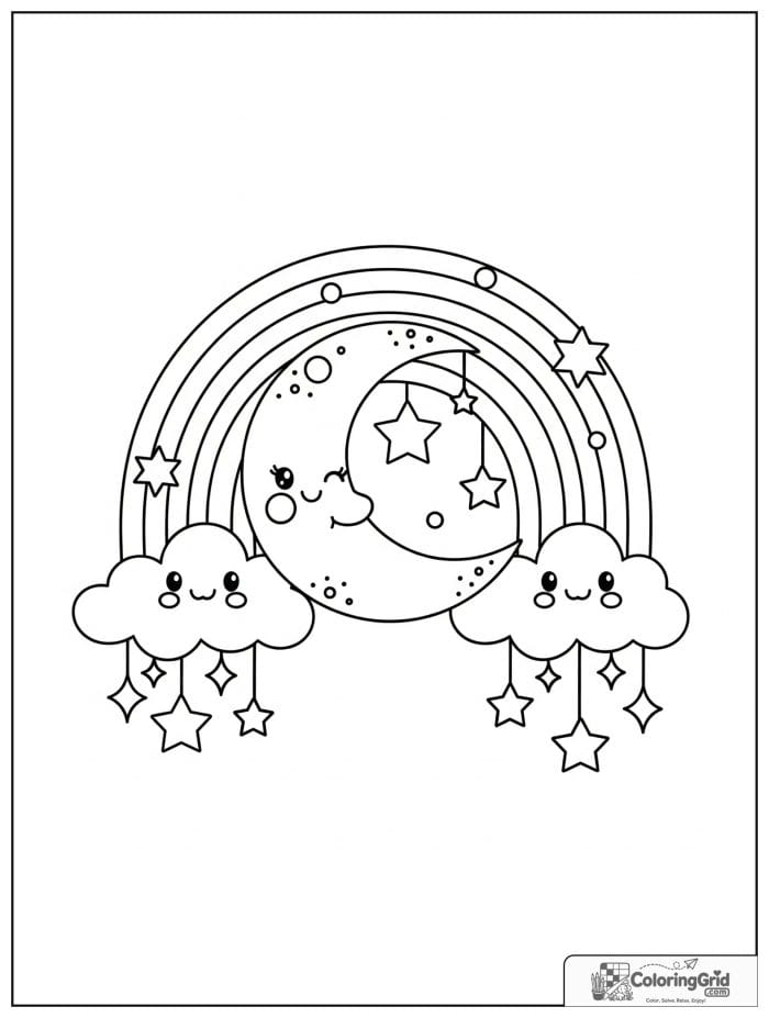 Bold and easy kawaii rainbow with a crescent moon and clouds.