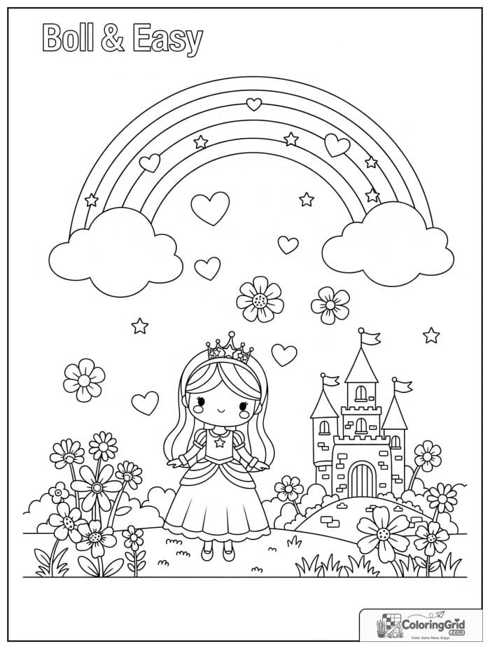 Bold and easy kawaii rainbow with a magical princess and castle.