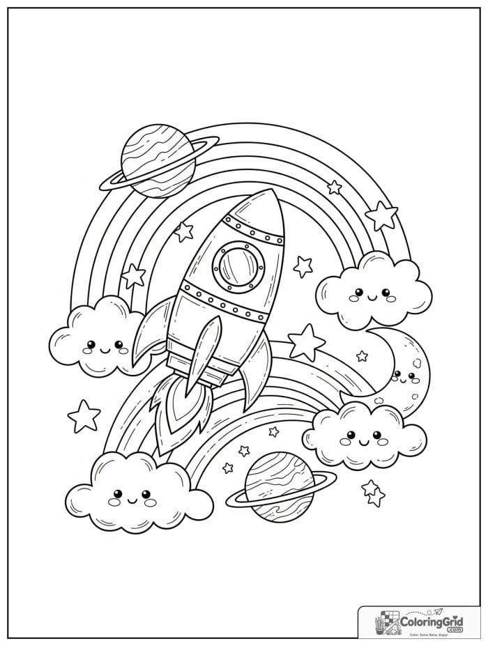 Bold and easy kawaii rainbow with a rocket ship in space.