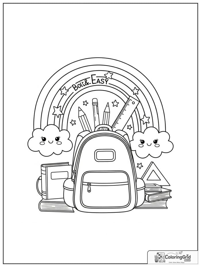 Bold and easy kawaii rainbow with a school backpack and books.