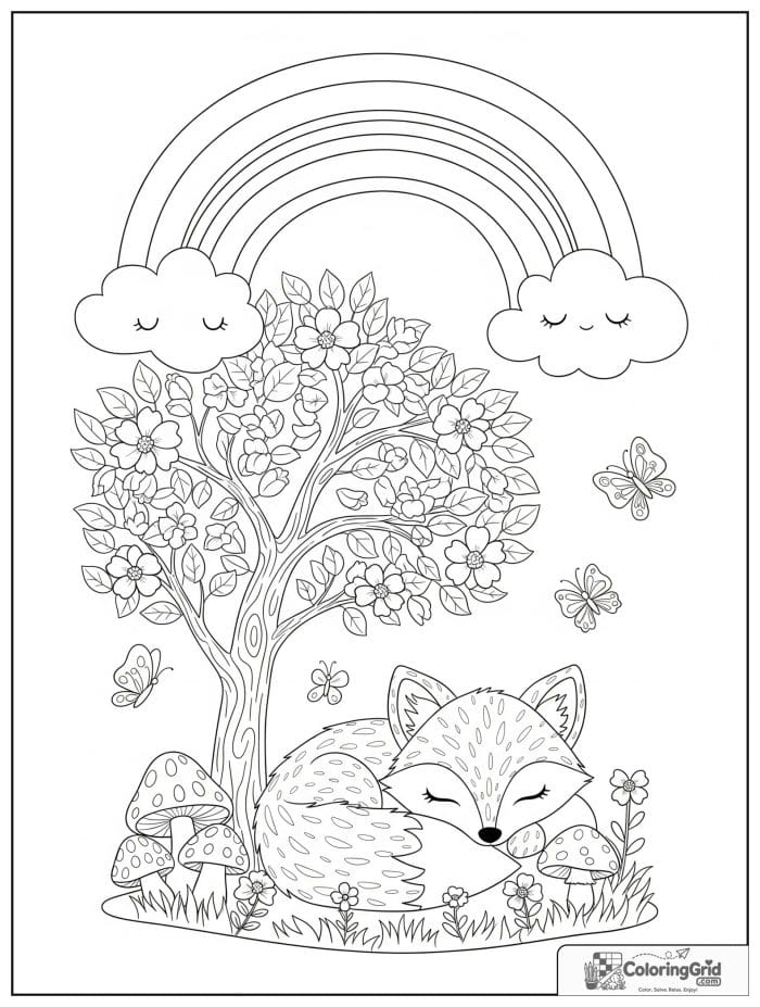 Bold and easy kawaii rainbow with a sleeping fox under a tree.