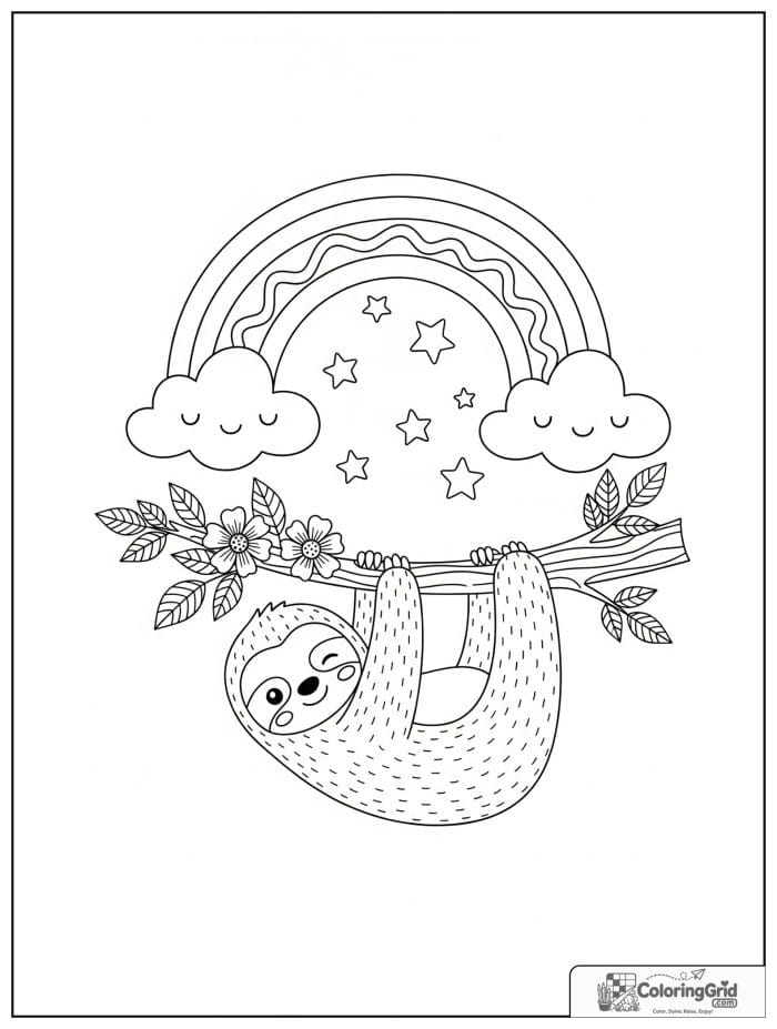 Bold and easy cozy rainbow with a sloth on a tree branch.
