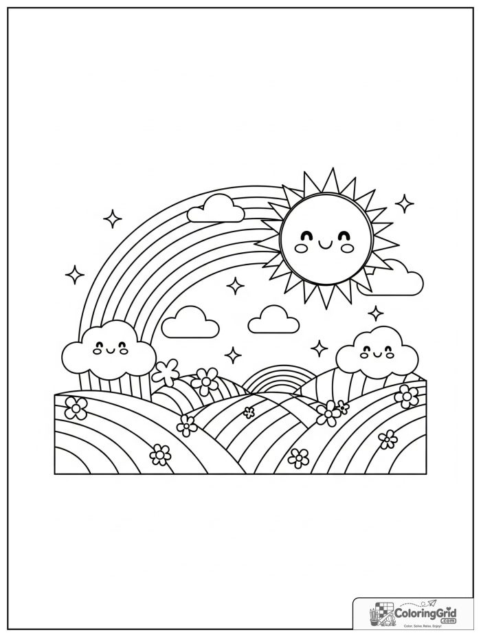 Weather Coloring Pages for Seasons featuring a rainbow and sun over hills.
