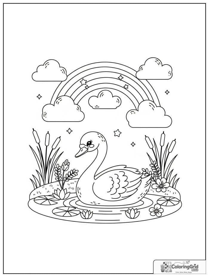 Bold and easy cozy rainbow above a swan on a lake.