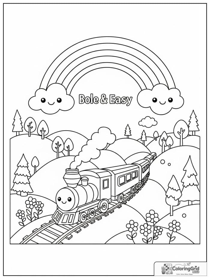 Bold and easy cozy rainbow with a train through the hills.