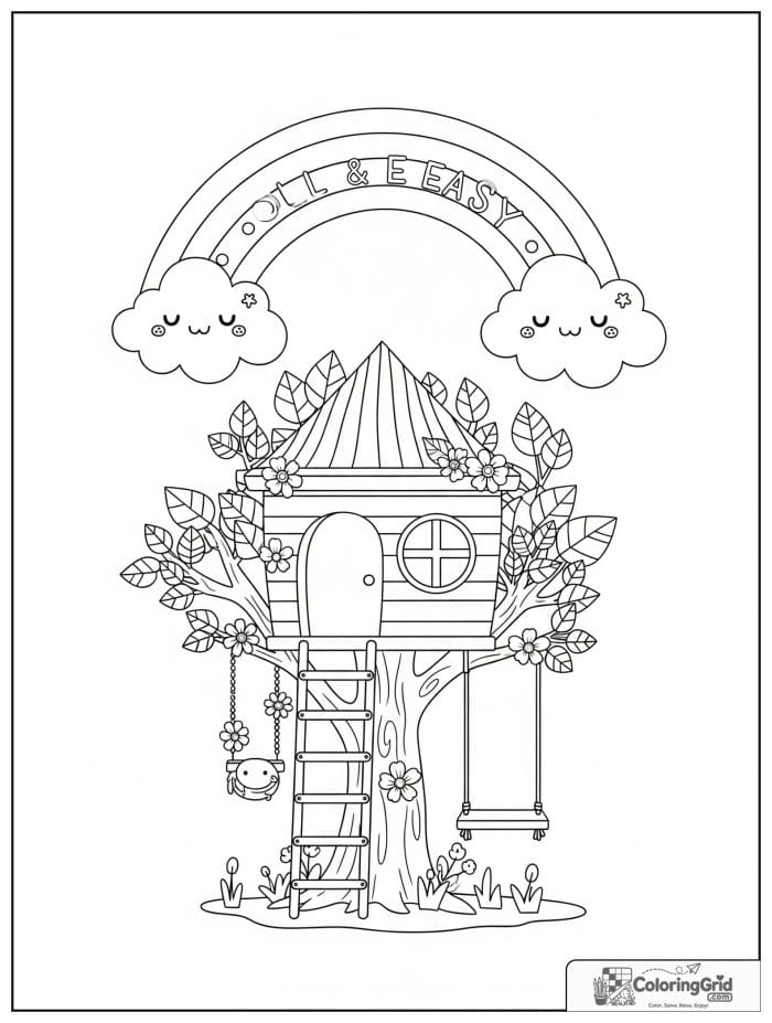 Bold and easy kawaii rainbow above a cute treehouse.