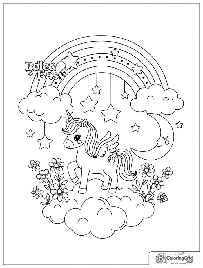 Bold and easy kawaii rainbow with unicorn in a cloud garden.