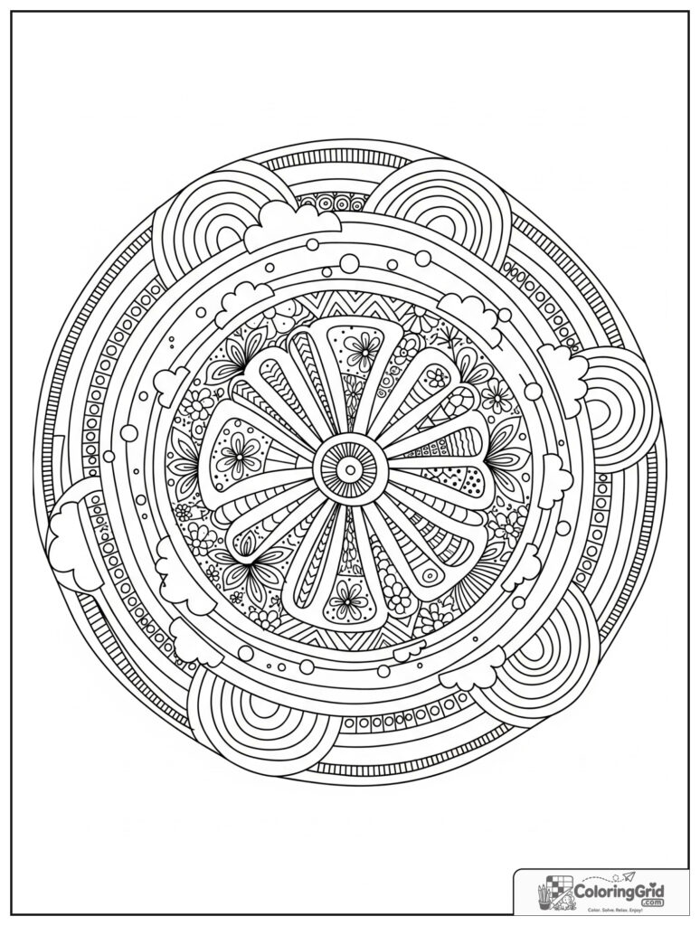 Rainbow arc mindfulness mandala with clouds and flower zentangle panels