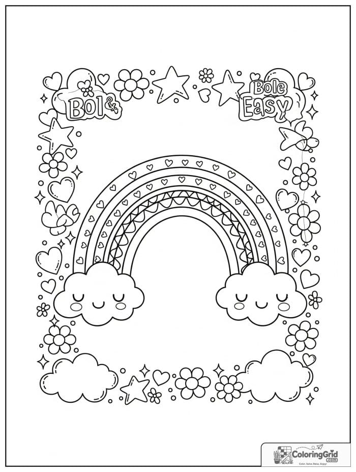 Bold and easy cozy rainbow border with clouds, hearts, and stars.
