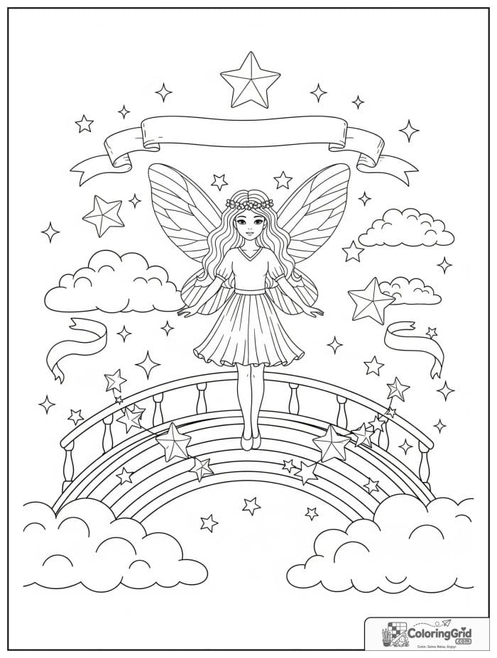 Fairy coloring page featuring a fairy on a rainbow bridge.