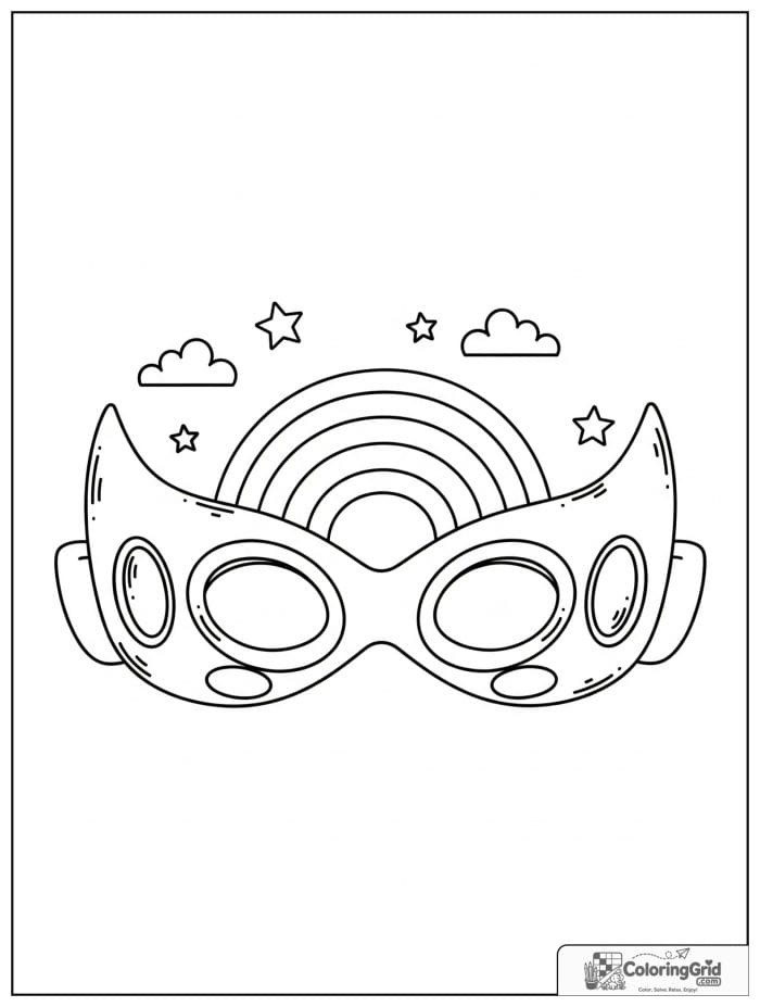 Cute superhero mask with a rainbow emblem and small cloud details.