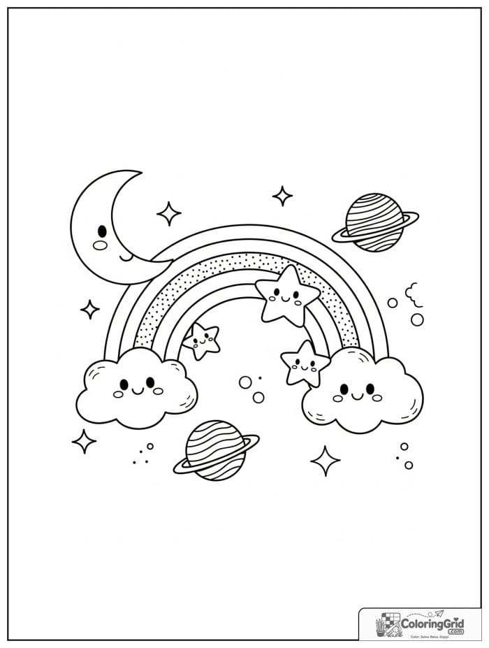 Bold and easy cozy rainbow in space with stars and planets.