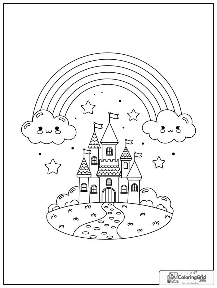 Bold and easy cozy rainbow over a cute castle and clouds.